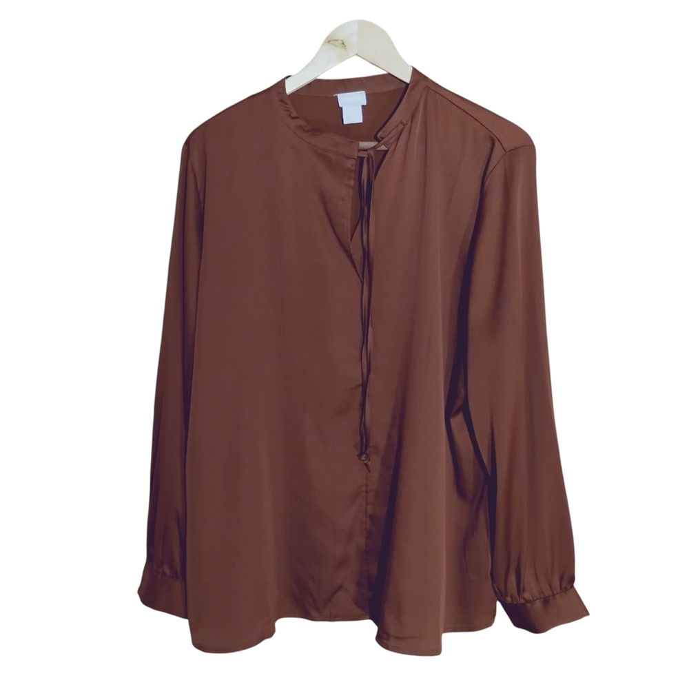 Chico's Elegant Tie Neck Popover Rich Chocolate Blouse Sz 3(XL)